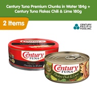 ♞Century Tuna Premium Chunks in Water 184g + Century Tuna Flakes Chili &amp; Lime 180g