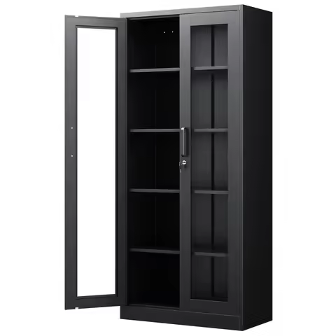 Display Cabinet with Glass Doors, 71 Inches Metal Display Case with 4 Adjustable Shelves, Curio Stor