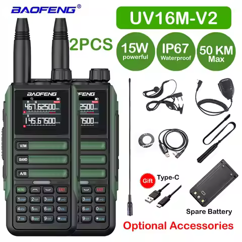 2PCS Baofeng UV16M V2 Walkie Talkie 15W 50KM Long Range 999CH Ham FM Radios UHF VHF TypeC Charge INC
