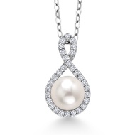 925 Sterling Silver 6.5-7MM Cultured Freshwater Pearl and White Lab Grown Diamond Pendant Necklace F