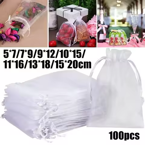 100pcs/lot White Drawstring Organza Bags 7x9 9x12 10x15 13x18 15x20cm Wedding Birthday Party Jewelry