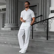 Manfinity Homme Men's Solid Color Jacquard Texture Short Sleeve Loose Shirt And Pants Casual Suit, W