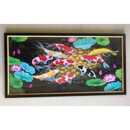 Hiasan dinding cetak gambar lukisan ikan koi plus bingkai ukuran