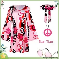 Hippie Costume 60s 70s Women Disco Dress Halloween Boho Flared Hippie Dress with Headband
