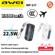 3C Awei Powerbank WP117 10000mAh Mini Size | 22.5W Fast Charge | Kabel Tanggalkan | Compatible iPhon