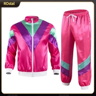 ROstal 1980s Sportswear Set Retro Color Block Tracksuit Set for Women Hip Hop Disco Outfit with Elas