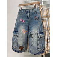 Women Cute Cat Embroidery Patches Denim Pants High Street Vintage Carpi Pants