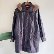 深紫真毛滾邊可拆連帽 古董羊革真皮長版拉鍊外套 Leather jacket