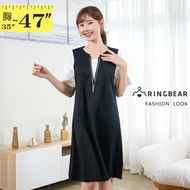 Unique Style V-Neck Zipper Stitching Fake Two-Piece Short-Sleeved Dress (Black L-3L) Eye Ring Bear M