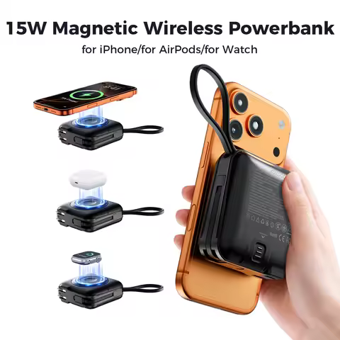 15000mAh Magnetic Wireless PowerBank Type-C 45W Fast Charging with Dual Cables AC Plug for iPhone 17