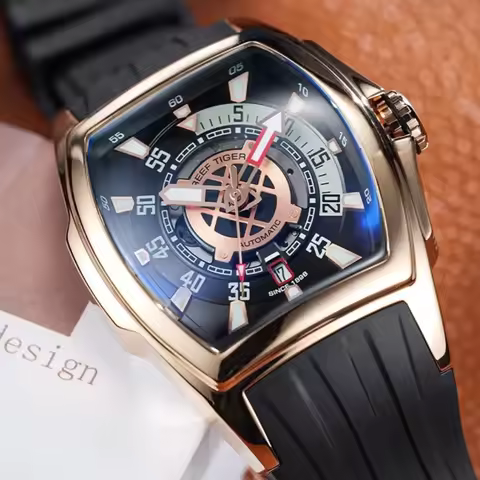 Reef Tiger Men Automatic Watch 42.3mm Tonneau Mechanical Wristwatch Luminous Sapphire Date Sport
