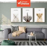Animal canvas wall art set featuring a polar bear, elephant, and lion; perfect for kids' bedrooms, l