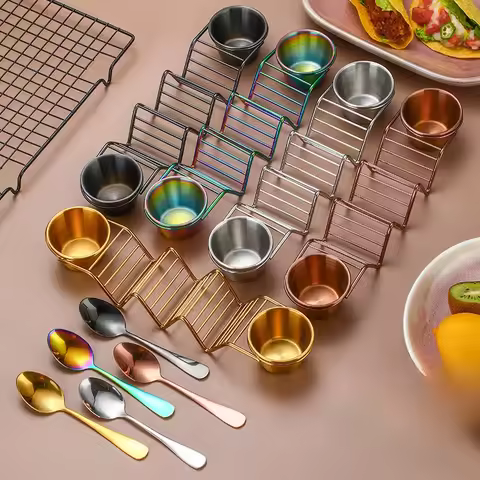 Stainless Steel Taco Holder Set Taco Shell Holder Stand with 2 Sauce Cups Taco Stand Hold 3 Tortilla