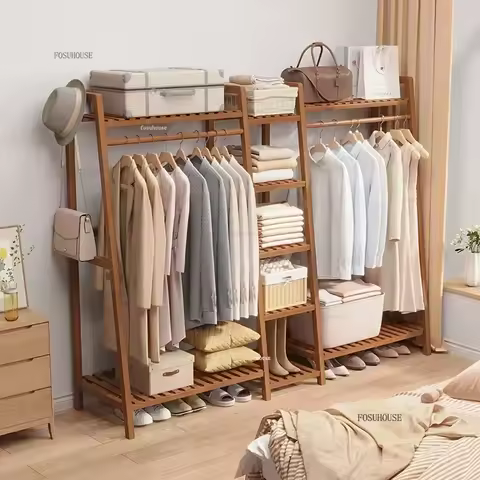 Home Floor-standing Wardrobes Modern Indoor Open Coat Rack Closet Nordic Bamboo Bedroom Storage Cabi