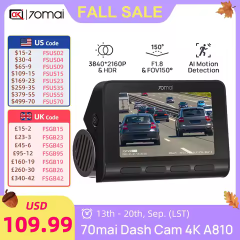 70mai Global New Cam A810 Ultra HD 4K AI Motion Detection Car DVR Support Rear or Parking Montioring