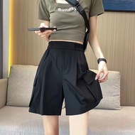 Ice Silk Quick-Drying Overalls Five-Point Pants Women Summer Thin Casual Wide-Leg Pants American Sli