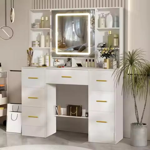 Large LED Lighted Vanity Desk with Mirror, 7 Drawers, 8 Open Shelves, 2 Hidden Shelves, Makeup Table