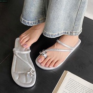 MXMIO Bright Rhinestone Flip-flops, Anti-slip PU Silver Flip Toe Slippers, 36-37 Yard Soft Flower We