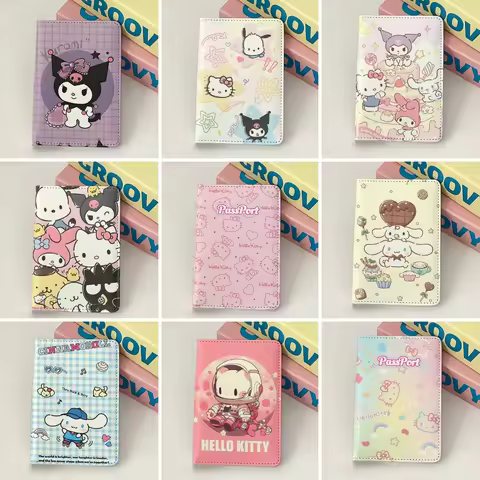 Kawaii Hello Kitty Kuromi My Melody PU Leather Passport Card Cover Bag Anime Portable Cartoon Travel