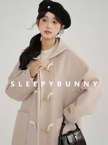 Vintage Hooded Wool Coat with Denim Horn Buttons Double-Sided Casual Loose Fit Duffle Coat for Women