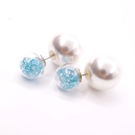 A Handmade 湖水藍水晶玻璃球配大珍珠前後耳釘