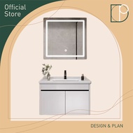 Design Plan Bathroom Solid Wood Ceramic Cabinet Integrated Basin With LED Square Mirror