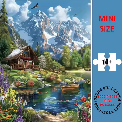 A Mini Jigsaw Puzzle - Lakeside Villa & Snowy Mountain Scene, Vibrant Paper Puzzle for Adults, Perfe