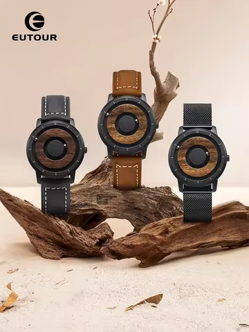 EUTOUR 2025 new original magnetic wooden dial fashion casual quartz watch simple men's watch stainle
