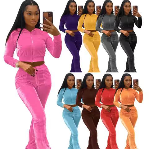Hot Sale Fall Women's hoodie Set Zipper Pocket Crop Top Jacket Velvet Jogging suit Velour tracksuits