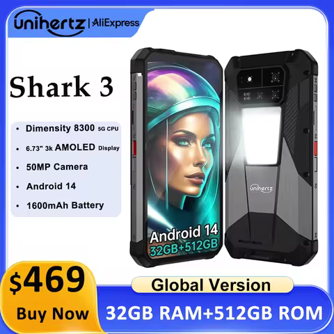 Unihertz Shark 3 by 8849 Rugged Smartphone android 14 3K AMOLED Display 32GB RAM 512GB ROM Dimensity