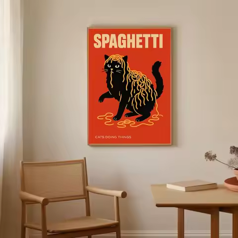 More Spaghetti Less Upsetti Black Cat Eat Ramen Poster Canvas Painting Print Wall for Living Room Ki