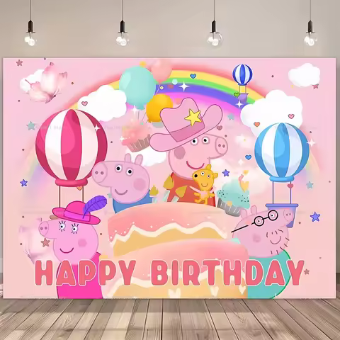 Cartoon Peppa Pig Happy Birthday Backdrop Pink Pig Family Kids Photo Background Banner Boys Girls Ba