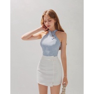 AIR SPACE Brocade Embroidered Halter Crop Cheongsam Top