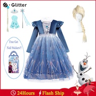 Elsa Frozen Snow Queen Elsa Anna Princess Baby Dress for Kids Girl Sequin Mesh Costume Wig Crown Wand Gloves Kid Toddler Clothes Birthday Gift Children Party Wear Set