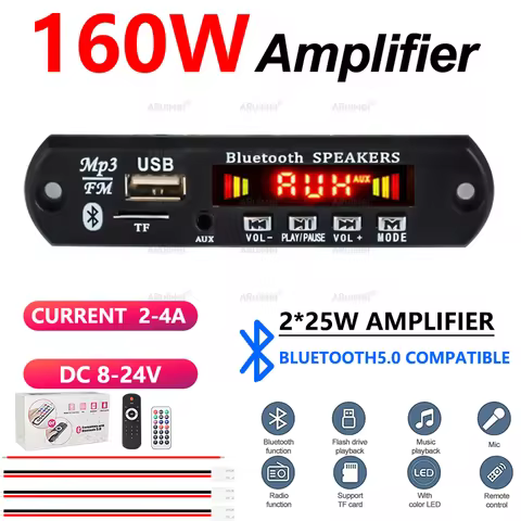 2x80W Bluetooth 5.0 Amplifier Kit with Black Case & Remote DC 8-24V for Car Home FiiO, Valeton GP-20