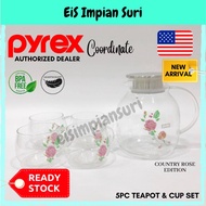 (Ready Stock) Corelle Brands Pyrex Country Rose/Sakura 5pcs Tea Set (Teapot+Cup)Pyrex Cup Pyrex Teap