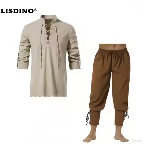 2Pcs Retro Vintage Medieval Renaissance Cosplay Costume Outfits Pirate Viking Halloween Casual Daily