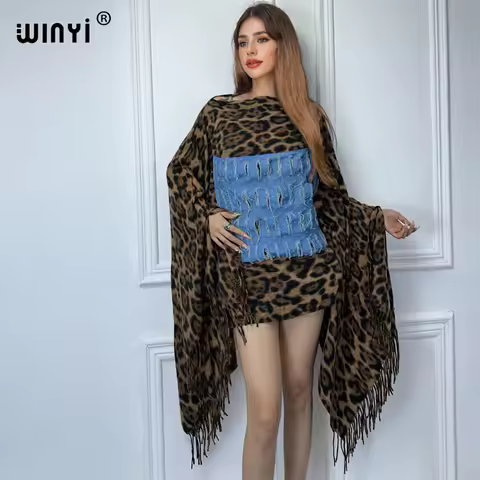 WINYI originate leopard winter Denim patchwork fashion Holiday dress poncho top party ponchos for wo