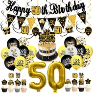 52 Pcs Black Gold 50th Birthday Balloon Set,Number Balloons, Banner, Cake Toppers, for 18 30 40 50 6