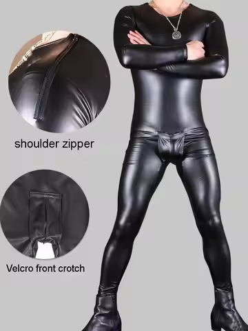 M-4XL Faux PU Leather Catsuit Mens Convex Pouch Leotard Tights Hot Shapers Bodysuit Conjoined Jumpsu