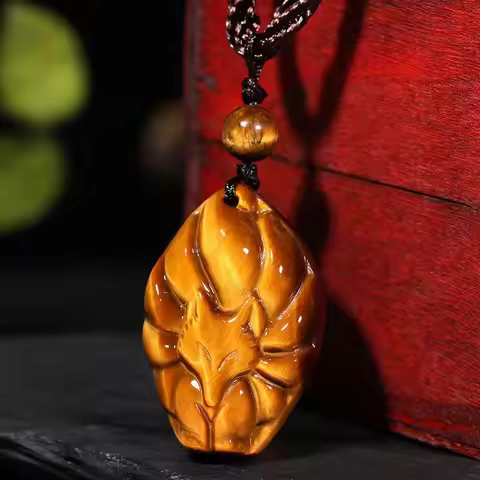 Natural Yellow Tiger Eye Stone Hand Carved Nine Tailed Fox Jade Pendant Fashion Boutique Jewelry Men