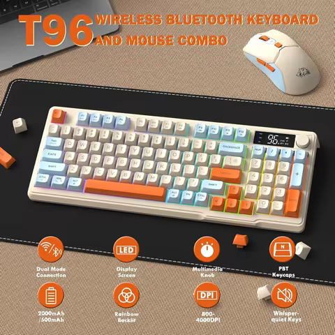 ZIYOU LANG T96 Wireless Gaming Keyboard and Mouse Combo, BT/2.4G RGB Backlit with Smart Display & Kn