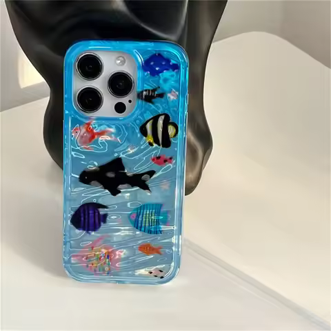Cute Korea Ripple Texture Aquaria Lovely Fishes Case For iPhone 17 16 15 14 13 11 Pro Max Marine Ani