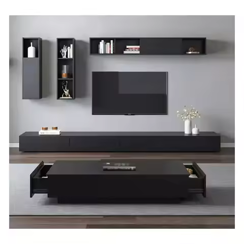 Modern Minimalist TV Stand with Coffee Table Set, Black Console for Small Space Luxury Living Room F
