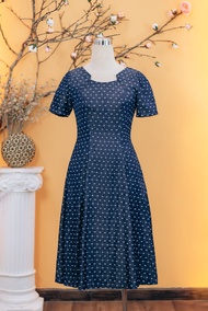 Đầm xòe 8 mảnh - Cổ tròn tầng tay ngắn - CV - Xanh jean họa tiết - TTV1734