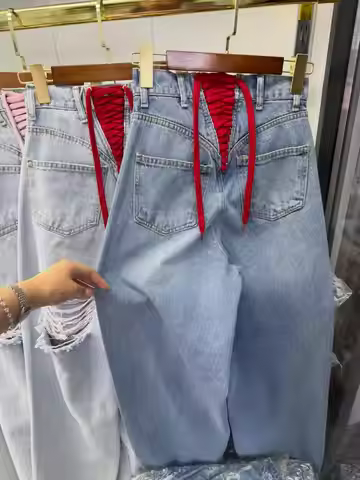 American Retro Light Blue High Waist Jeans Women Red Lace Up Back Design Distressed Ripped Holes Y2k
