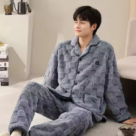 Men's pajamas winter long plush velvet cardigan pyjamas male thick coral fleece home clothing warm s