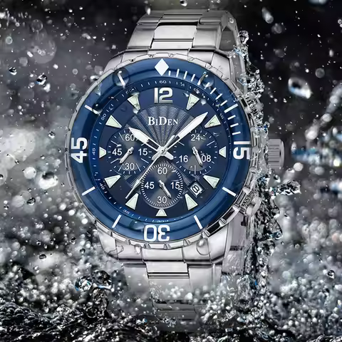 Luxury Blue Watch Men Top Brand BIDEN 3ATM Waterproof Classic Golden Blue Chrono Business Casual Men