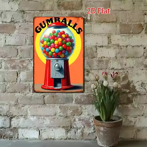 Vintage Gumball Machine Metal Sign - Print, Colorful Retro Gumball Design with "GUMBALLS" Text, for 