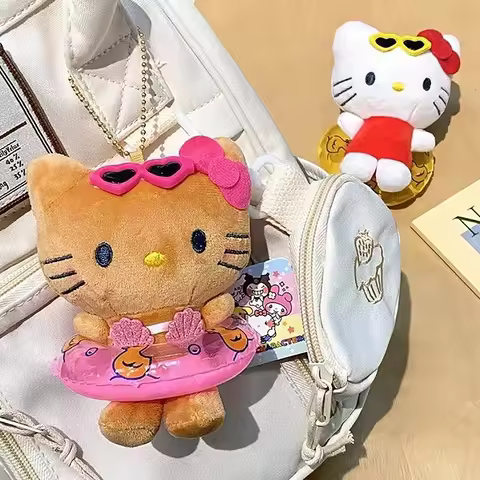 Sweet Hello Kitty Black Skin Hawaii Vacation Keychain Cartoon Kitty Cat Swimming Ring Couple Pendant